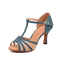 TDA Women's Flared Heel T-strap Mesh Denim Fabric Salsa Tango Rumba Samba Latin Modern Dance Shoes