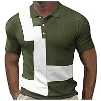 Mens Polo Shirts Casual Color Blocking Waffle Turndown Collar Pullover Summer Short Sleeve Button Golf Shirt Tops