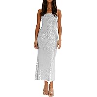 Women's Sequin Dress Backless Sparkly Gowns Strapless Sexy Elegant Midi Dress for Party Night Evening
