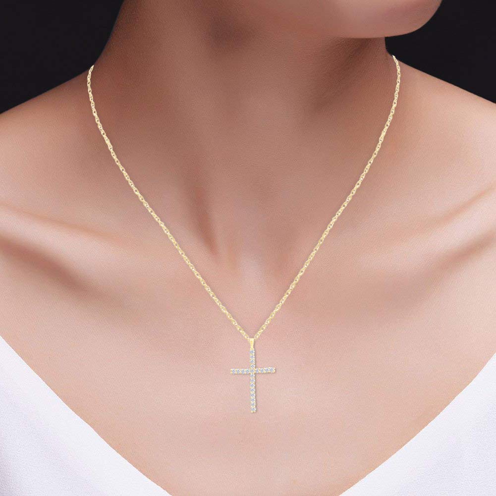 AFFY 0.30 Carat (Cttw) 14K Solid Gold Round Diamond Ladies Cross Pendant 1/3 CT (Silver Chain Included)