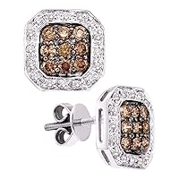 The Diamond Deal 14kt White Gold Womens Round Cognac-brown Color Enhanced Diamond Square Cluster Stud Earrings 3/4 Cttw