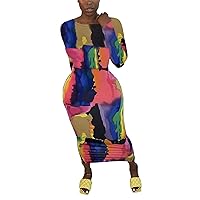 Womens Sexy Long Sleeve Tie-dye Print Mesh Bodycon Maxi Dress Nightclub Clubwear Dress