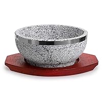 Dolsot Bibimbap Bowl 32 Oz, Granite Stone Bowl with Wood Base, Dolsot Pot for Korean Soup, Rice and Stew