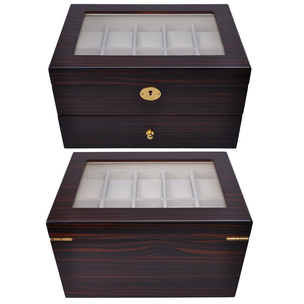 AMPERSAND SHOPS Elegant Wooden Luxury 20-Watch Display Case in Ebony Matte Stain Dark Wood Finish