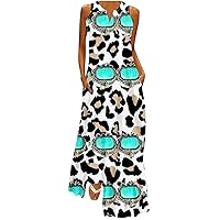 Vintage Leopard V Neck Maxi Dress Women High Waist Sleeveless Beach Tank Dress Summer Casual Sundress with Pockets