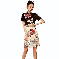 Chinese Qipao for Women Retro Cheongsam Summer Short Sleeve Mandarin Collar Cocktail Dress
