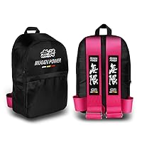 JDM Bride Recaro Racing Laptop Travel Backpack Carbon Fiber Style with Adjustable Harness Straps (MUGEN-Pink Strap)