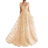 Long 3D Butterflies Lace Tulle Prom Dress for Women Formal Evening Ball Gowns Homecoming Dresses