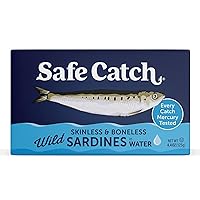 Wild Sardines in Water Skinless Boneless Wild-Caught Sardine Fillets Lowest Mercury Limit, Keto Food Kosher Non-GMO Sardines Pack of 12, 4.4oz Tins