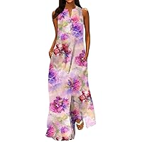 Summer Fall Dresses for Women 2023 V-Neck Sleeveless Print Maxi Dress Casual Flowy Swing Sundress with Pockets