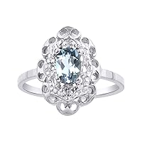Diamond & Aquamarine Ring Set In Sterling Silver Diamond Halo