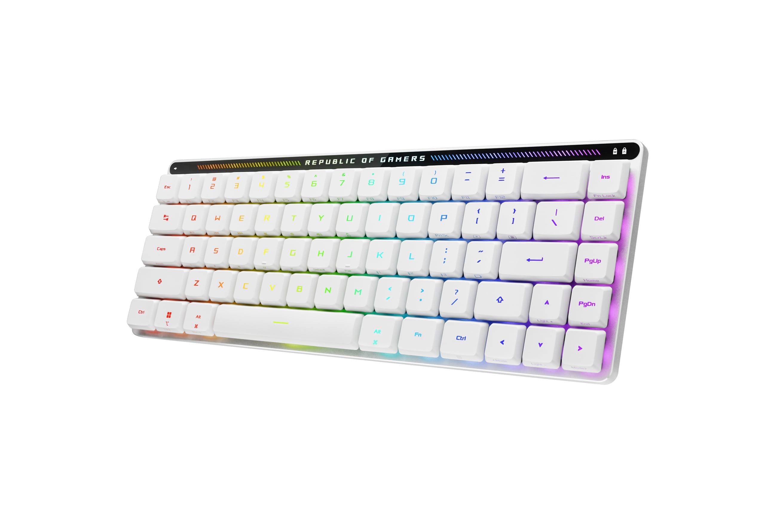 ROG Falchion RX Low Profile 65% wireless gaming keyboard with ROG RX low-profile optical switches, tri-mode connection with ROG SpeedNova, silicone dampening foam, touch panel, and MacOS support.