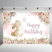 MEHOFOND Floral Bunny Girls Birthday Backdrop Watercolor Boho Flowers Rabbit Easter Day Photography Background Happy Birthday Banner Pampas White Blush Pink Flowers Photo Props 8x6ft
