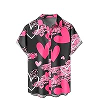 Hawaiian Casual Summer Shirts, Men Valentines Day Print Short Sleeve Button Down Shirt Love Heart Vacation Dating Tops