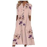 Women's Summer Dresses 2022 Fashion Casual Butterfly Floral Print Midi Dress Casual V Neck Button Pocket Long Dress