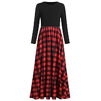 Girl's Maxi Dress Long Sleeve Plaid Strawberry Print Loose Casual Holiday Birthday Ruffle Dress with Pockets