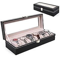 Leather Watch Box Display Case Organizer Glass Top Jewelry Storage (3 Size) (6 Slot)