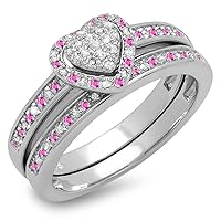 Dazzlingrock Collection Round Pink Sapphire & White Diamond Ladies Heart Shaped Bridal Engagement Ring Set, Sterling Silver