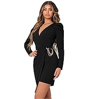 Women Dresses Gigot Sleeve Chain Detail Wrap Ruched Dress