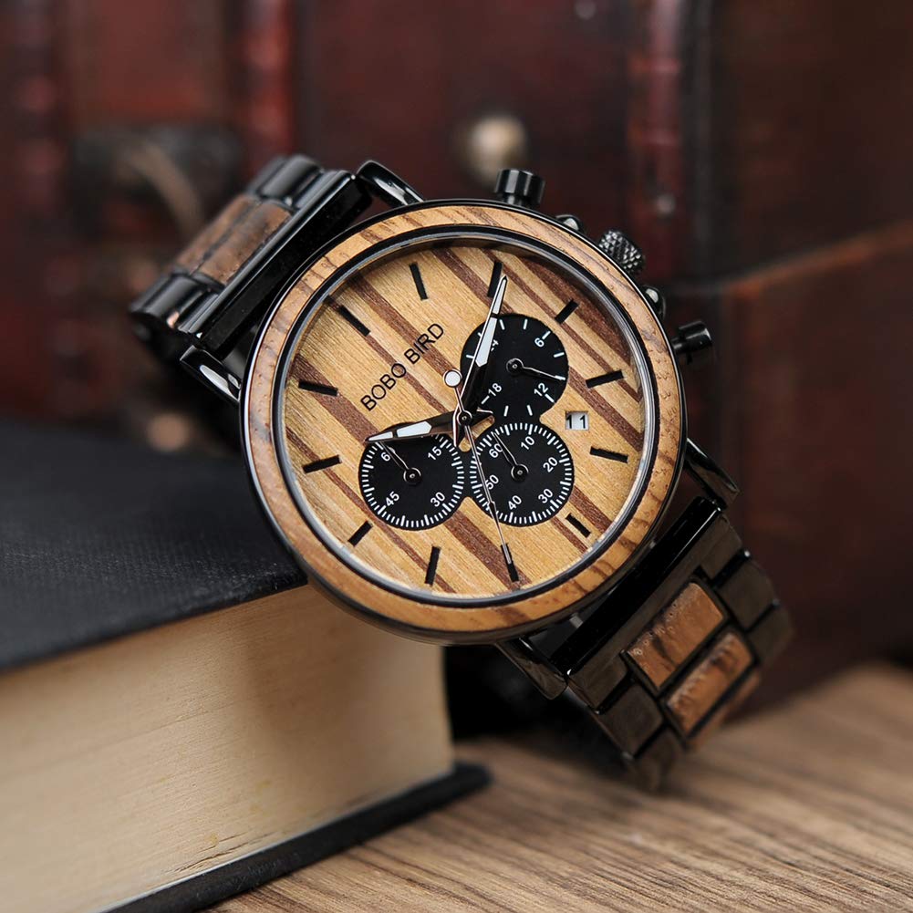 BOBO BIRD Wooden Mens Watches Stylish Wood & Stainless Steel Combined Chronograph Military Quartz Casual Wristwatches