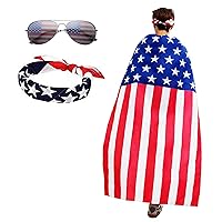 Colorful House American Flag Costume Cape,Retro 80's USA Sunglasses and Flag Headband Kerchief Unisex Patriotic Accessories