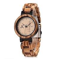 Kim Johanson Women's Wooden Stainless Steel Watch *Light Week* with Date & Day Display Handmade Quartz Analogue Watch with Gift Box, brown, Bracelet