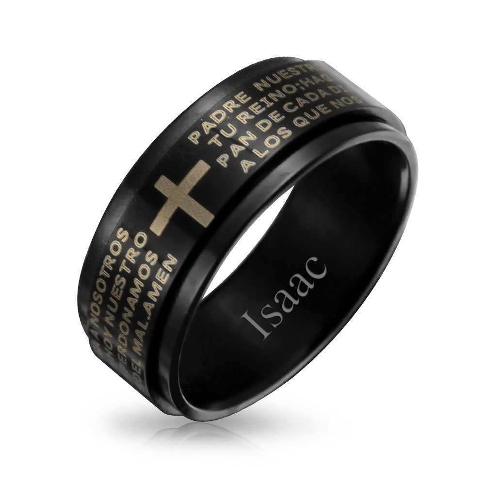 Personalize Mens Religious Padre Nuestro Lords Pray Cross Black Spinner Band Ring For Men For Women Stainless Steel