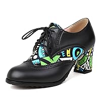 Women's Chunky Heels Oxfords Pumps Block High Heels Round Toe Lace Up Brogues Shoes