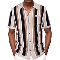 Men’s Short Sleeve Knit Shirt Vintage Stripe Lapel Collar Polo Shirt