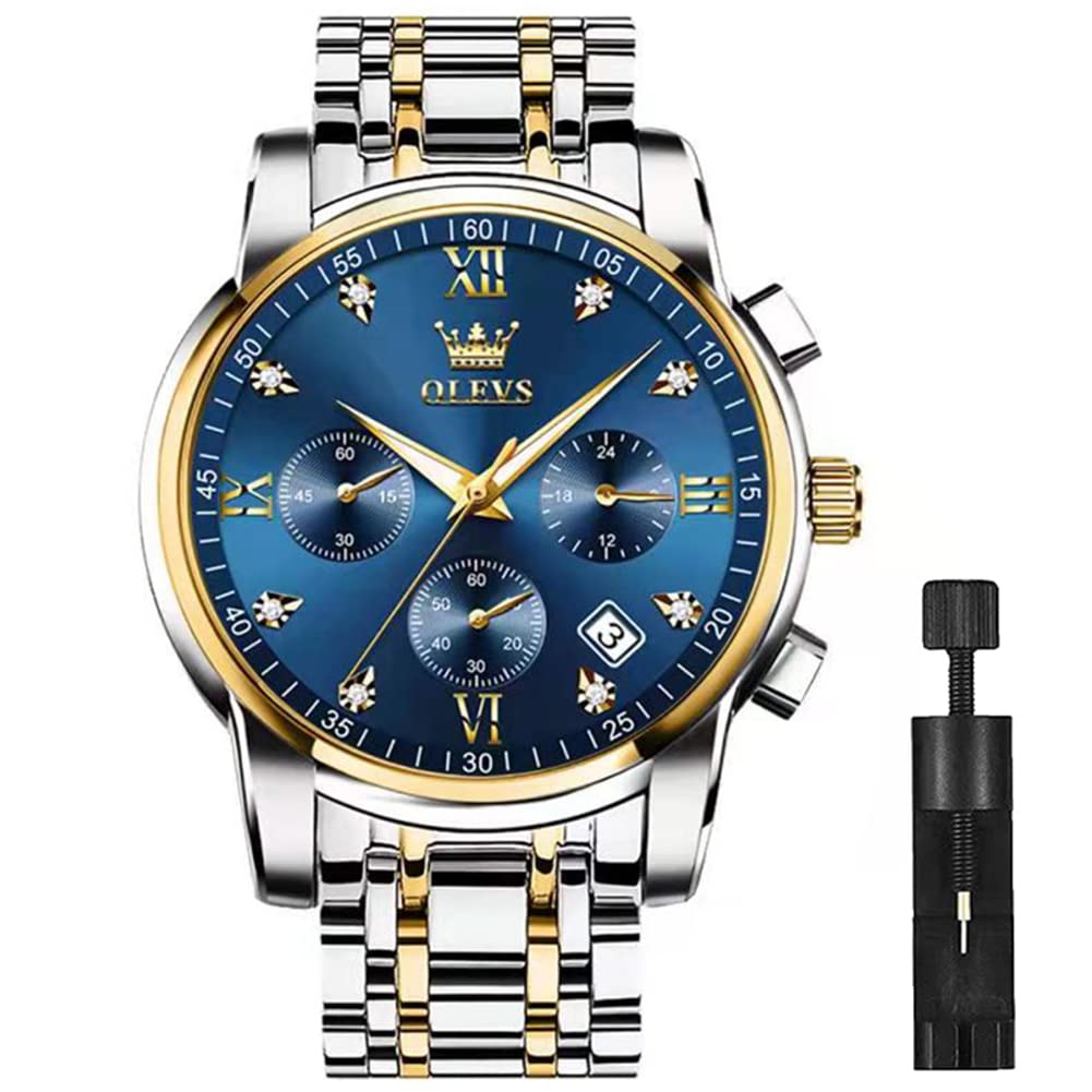 Men's Gold Automatic Watch Gold Mechanical Skeleton Business Watch Men Waterproof Analog Stainless Steel Luxury Watch for Men, blue+gold, Bracelet Type