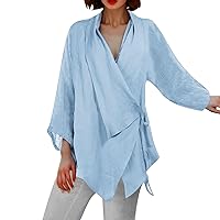 Dressy Blouses for Women Stock Solid Lace Up Irregular Bottom Cotton Women's Casual Scoop Neck Long Sleeve Shirts