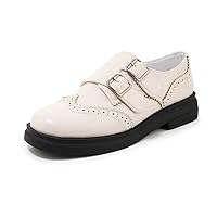 Women's Leather Oxfords Monk Strap Buckles Wingtip Perforated Casual Flat Low Heel Dress Brogue Shoes
