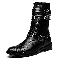 Men's Boots Retro Studded Rivet Buckle Zipper Western Motorcycle Combat Boot Heavy Metal Punk Rock Black