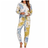 Women's 2pc Cotton Pjs Outfits Long Sleeve Pullover Top Sleepwear Set with Long Jogger Pants Tie Dye Pajama Sets