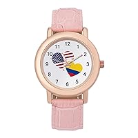 Colombia US Flag Womens Watch Round Printed Dial Pink Leather Band Fashion Wrist Watches