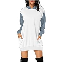 Womens Long Sleeve Hooded Sweatshirt Dress Casual Colorblock Long Hoodies Mid Length Pullover Tunic Top with Pocket