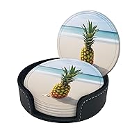 Pineapple by The Sea Print Coaster,Round Leather Coasters with Storage Box for Wine Mugs,Cold Drinks and Cups Tabletop Protection (6 Piece)