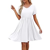 Summer Dresses for Women 2024 Solid Colour V-Neck Puffy Sleeve Pleated Big Hem Dress Fashion Dresses