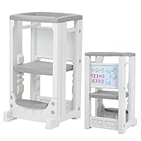 Toddler Tower Toddler Step Stool with Whiteboard & 4 Adjustable Heights, Toddler Kitchen Stool Helper with Safety Rail, Baby Standing Tower Montessori Learning Step Stools for Kids Boys Girls Children