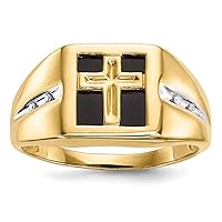 14k Gold With Simulated Onyx and Diamond Religious Faith Cross Mens Ring Size 10 Jewelry for Men