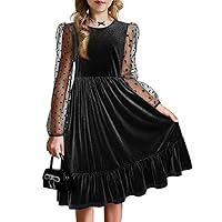 a-line Velvet Flower Girl Dress Knee Length Contrast mesh Long Sleeve Party Dress