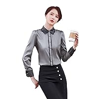 Shirt Women Lace Patchwork Design Autumn Long Sleeve Formal Blouses Office Ladies Work Tops Gray 4XL