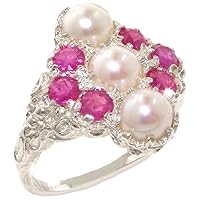 925 Sterling Silver Cultured Pearl and Ruby Womens Band Ring