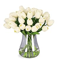 30pcs Tulips Artificial Flowers, Real Touch Fake Flowers Home Decor, Faux Tulips Bouquets Arrangements for Spring Easter Mothers Day Wedding Dining Room Table Decoration(Cream)