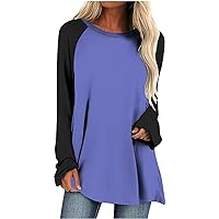 Fashion Color Block Tops for Women Raglan Long Sleeve Shirts Plus Size Hide Belly Tops to Wear with Leggings Crewneck Blouse