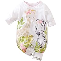 Aoswep Cute Giraffe + Zebra With Floral Print Long Sleeve Baby Girl Clothes White Jumpsuit For Baby One-Piece Romper