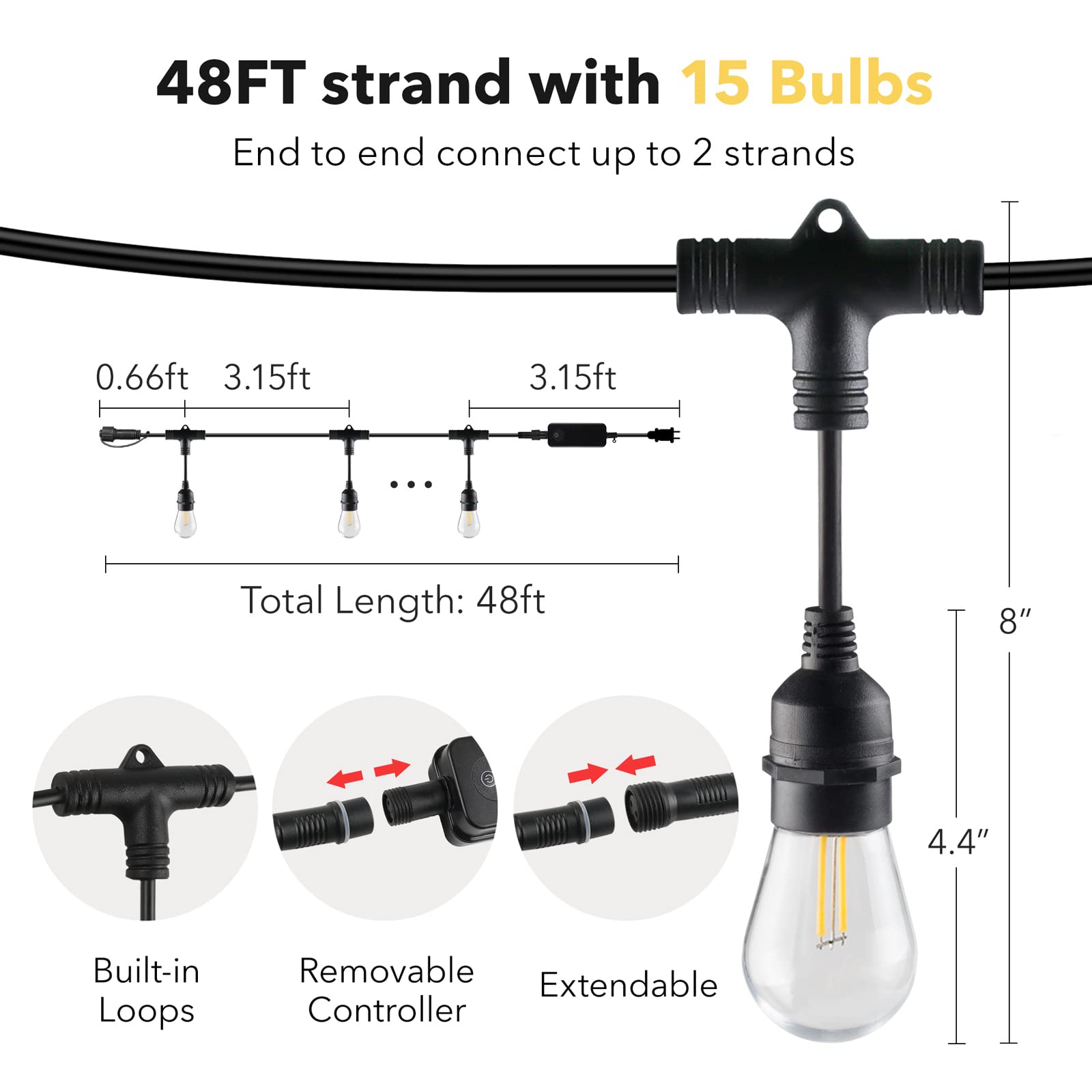 HBN 48ft Outdoor String Lights-Smart Outside String Lights-15 LED Bulbs Dimmable & Shatterproof, 2.4 GHz Wi-Fi & Bluetooth App Control, Works with Alexa/Google Assistant, IP65 Waterproof & Extendable