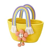 Cotton Tote Bag Hand-Woven Handbag with Rainbow Handles Cute Smile Face Flower Summer Beach Tote Bag Travel Bag
