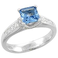 Sterling Silver Cubic Zirconia Blue Topaz Princess Cut Ring 1/4 inch Wide, Sizes 6-9