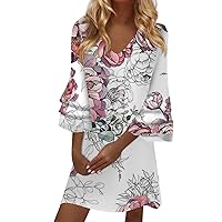 Women Summer Dresses Boho Floral Cotton Linen Mini Dress V Neck 3/4 Bell Sleeve Knee Length Flowy Beach Dress